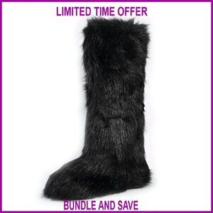 Knee High Faux Fur Boots Winter Snow Boots Flat Warm Fuzzy Fluffy